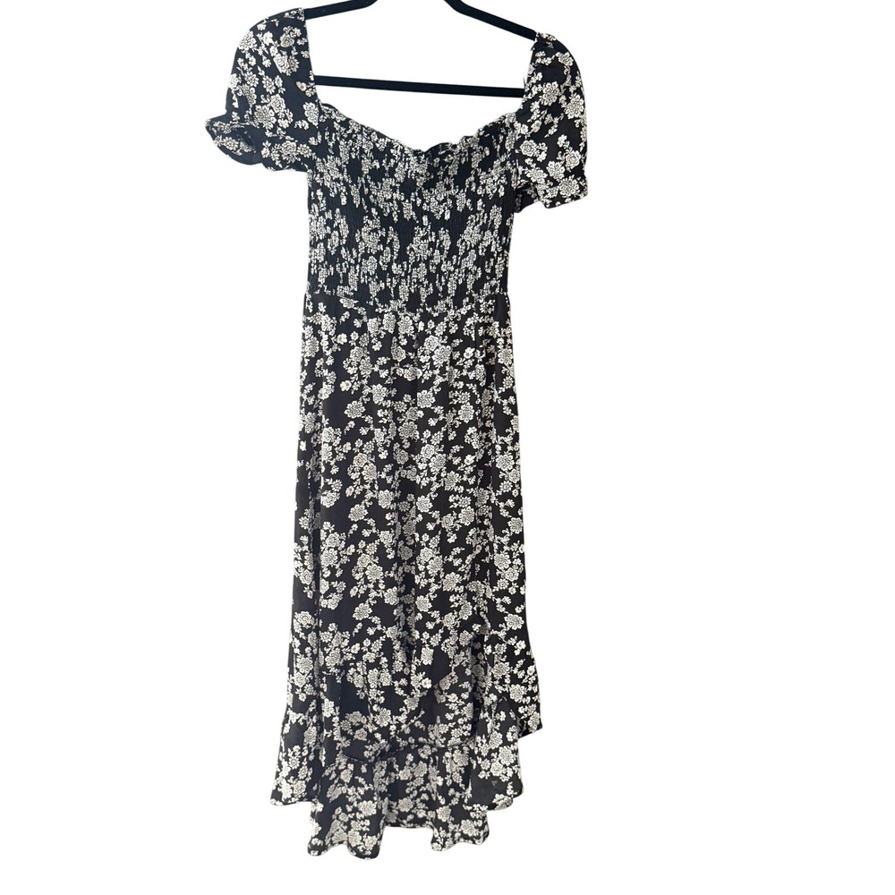 Mi Ami Girls Black White Floral Smocked High Low Ruffle Midi Dress 14 Summer